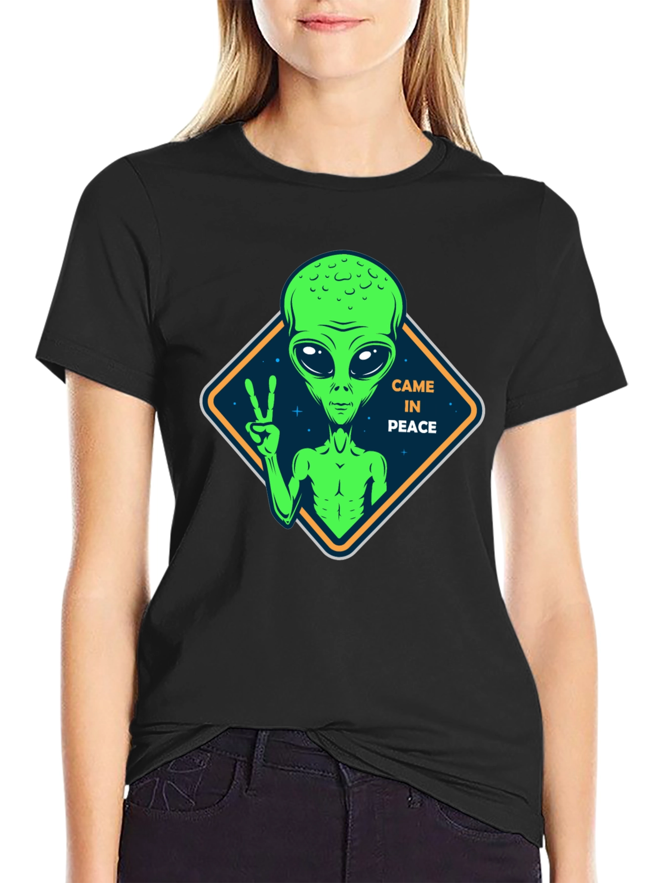 Peaceful Alien Black T-Shirt - Extra Terrestrial Design