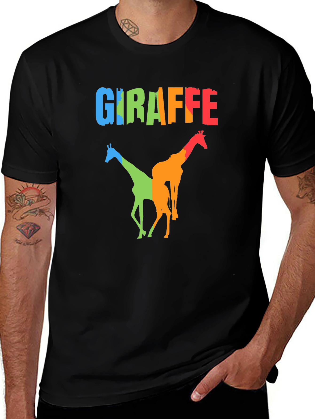 Colorful Giraffe Graphic Print Black T-Shirt