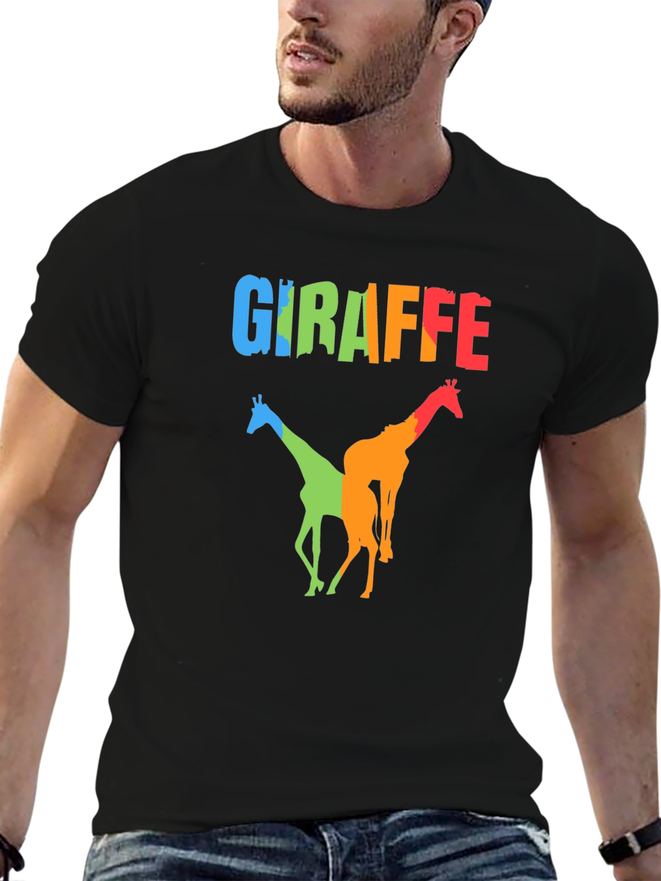 Colorful Giraffe Graphic Print Black T-Shirt