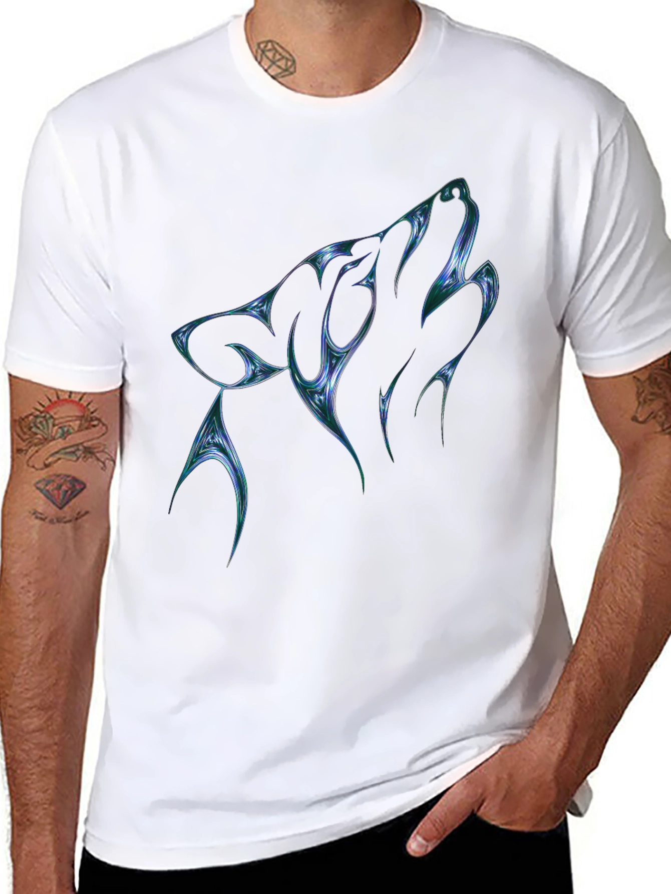 Mens Black T-Shirt with Abstract Wolf Graphic
