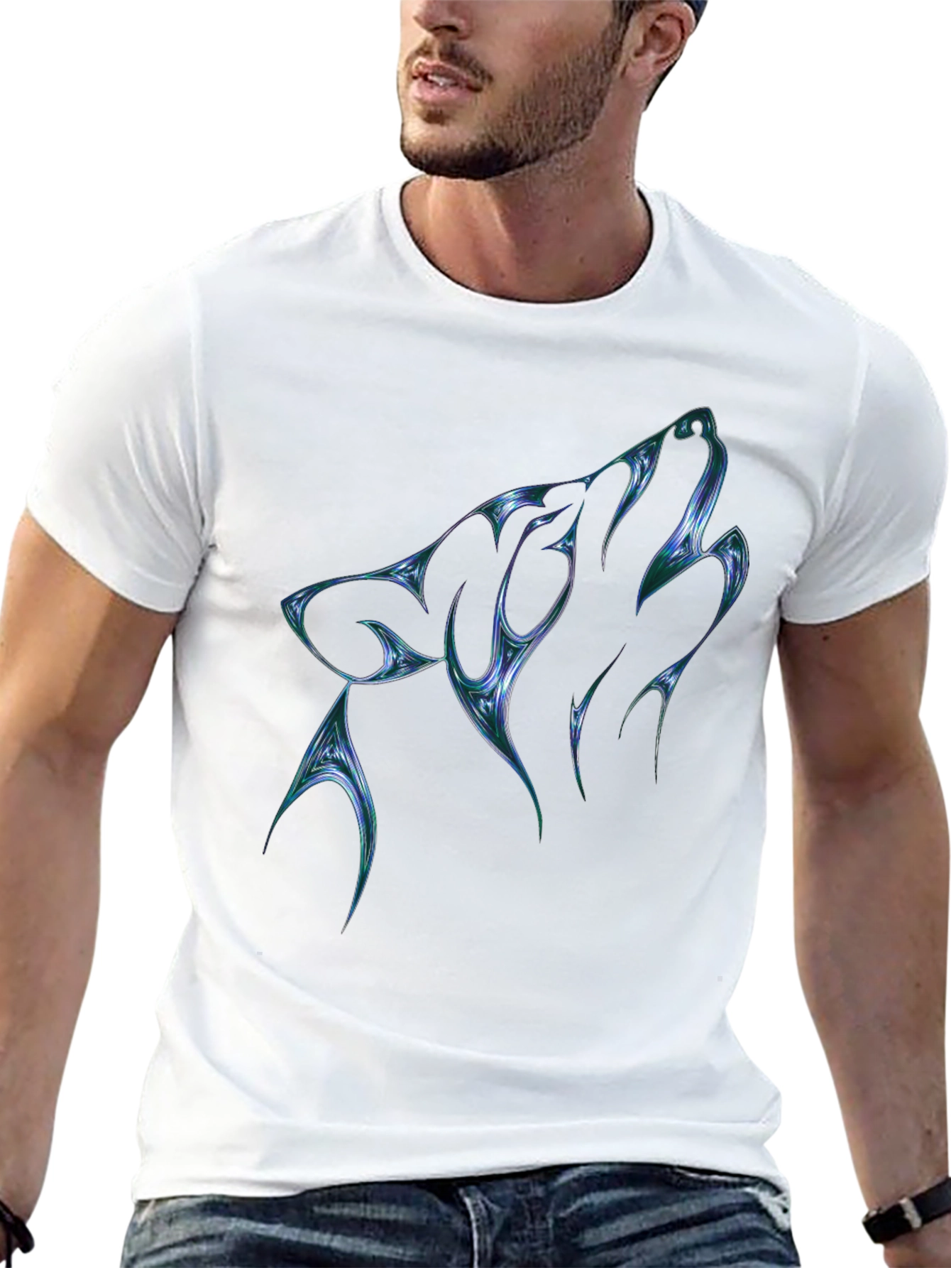 Mens Black T-Shirt with Abstract Wolf Graphic
