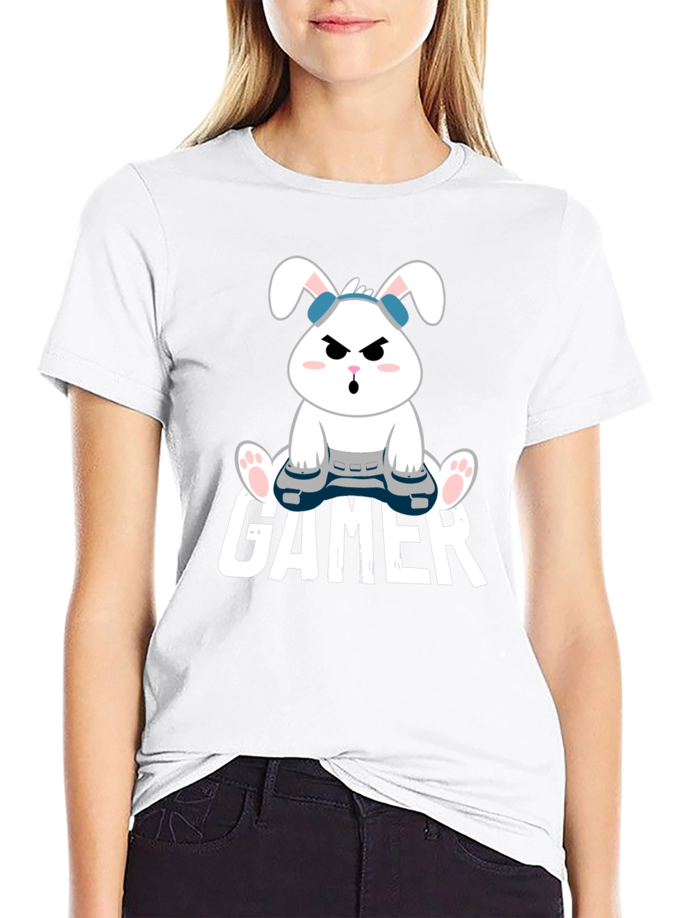 Gamer Bunny Black Cotton T-Shirt