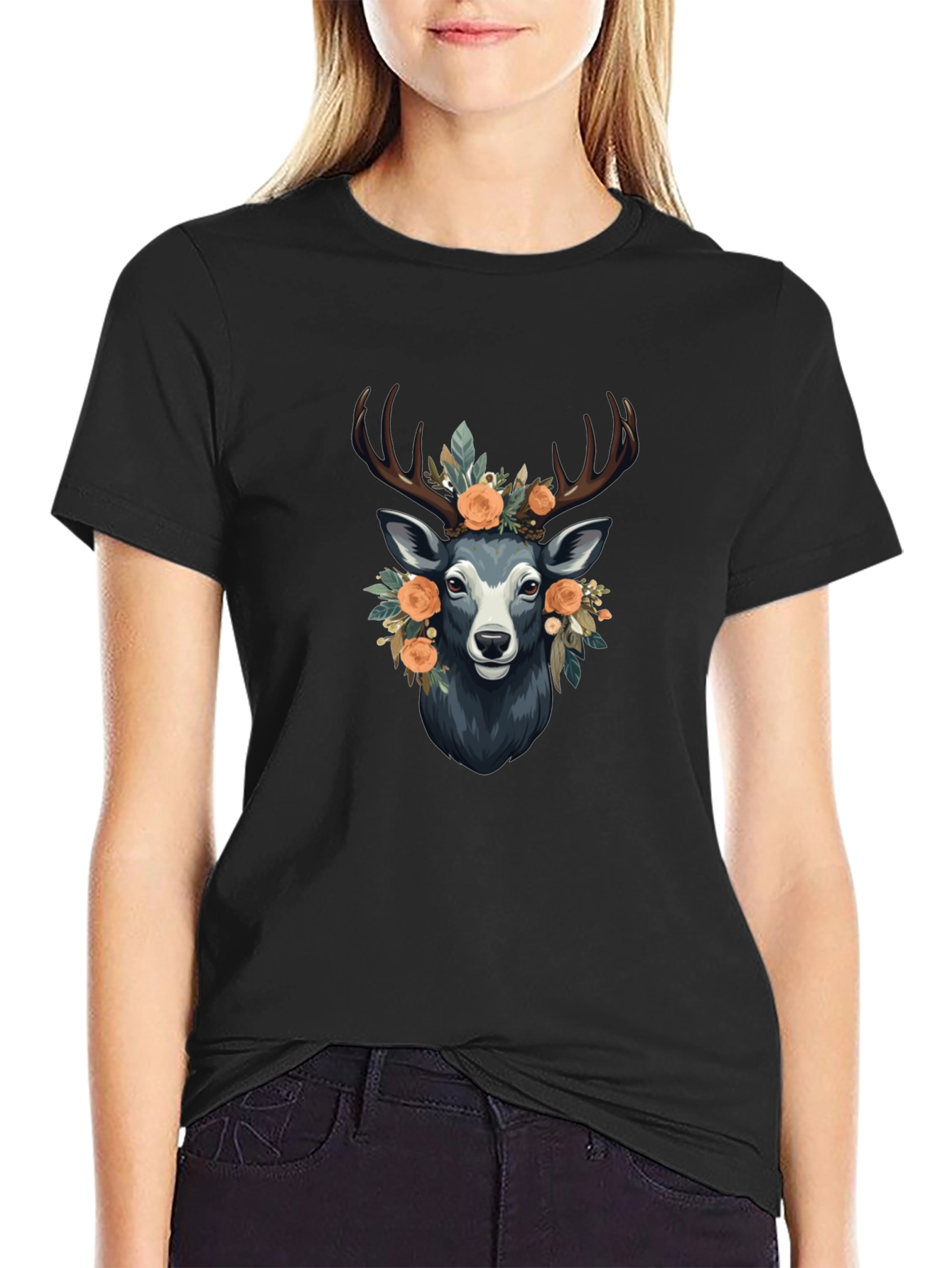 Floral Deer Graphic Tee - Mens Black T-Shirt