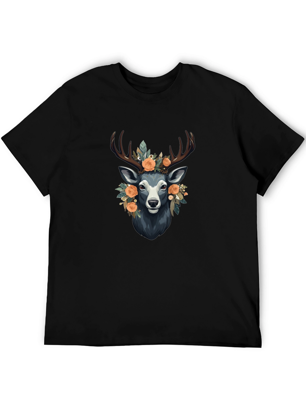 Floral Deer Graphic Tee - Mens Black T-Shirt