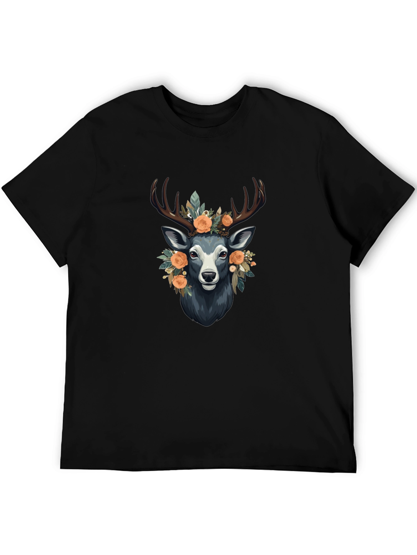 Floral Deer Graphic Tee - Mens Black T-Shirt