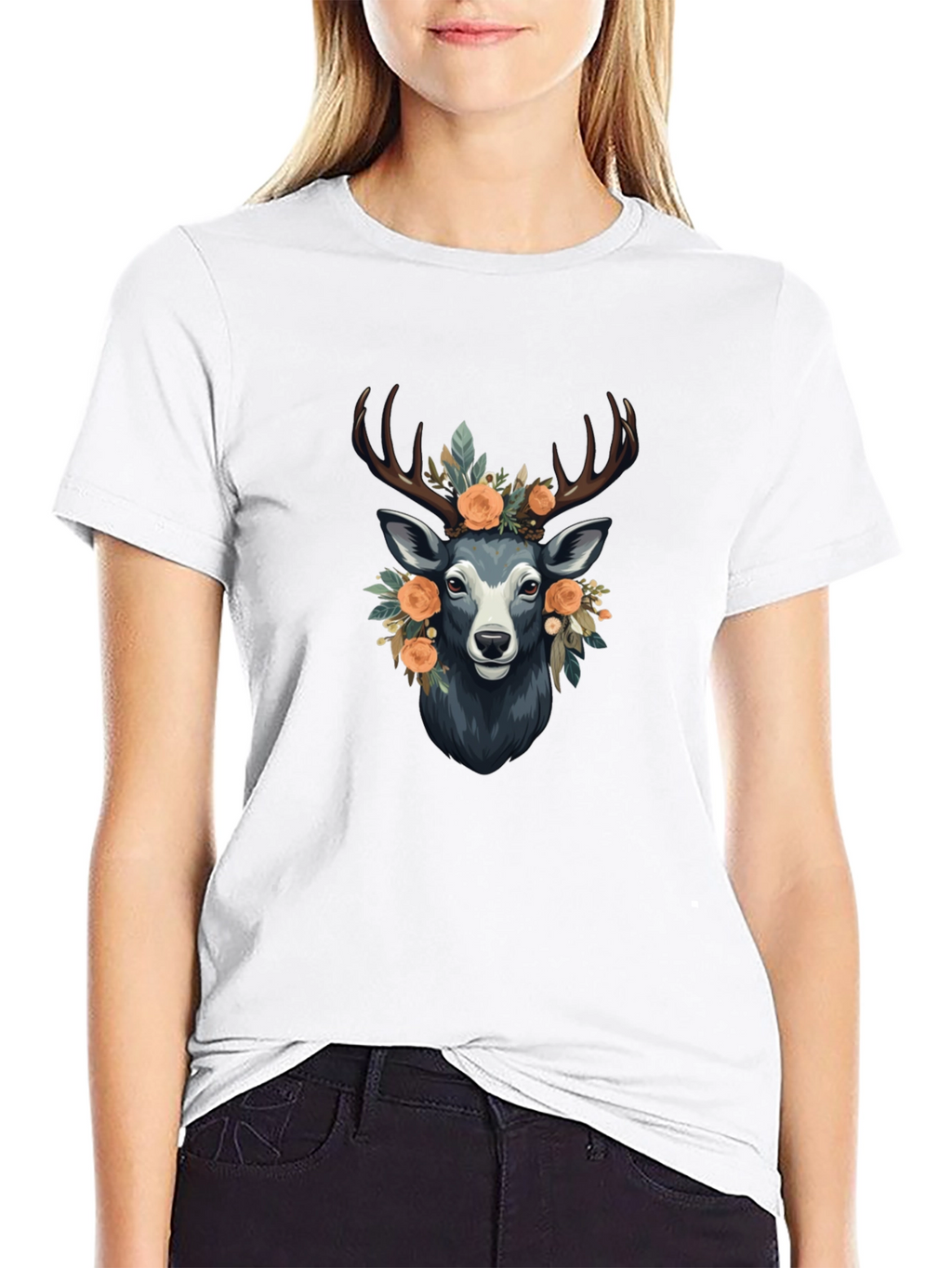Floral Deer Graphic Tee - Mens Black T-Shirt