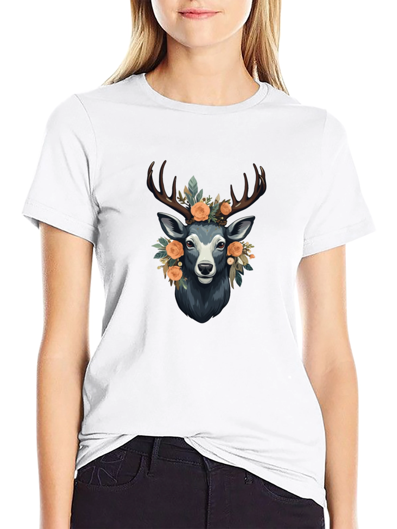 Floral Deer Graphic Tee - Mens Black T-Shirt
