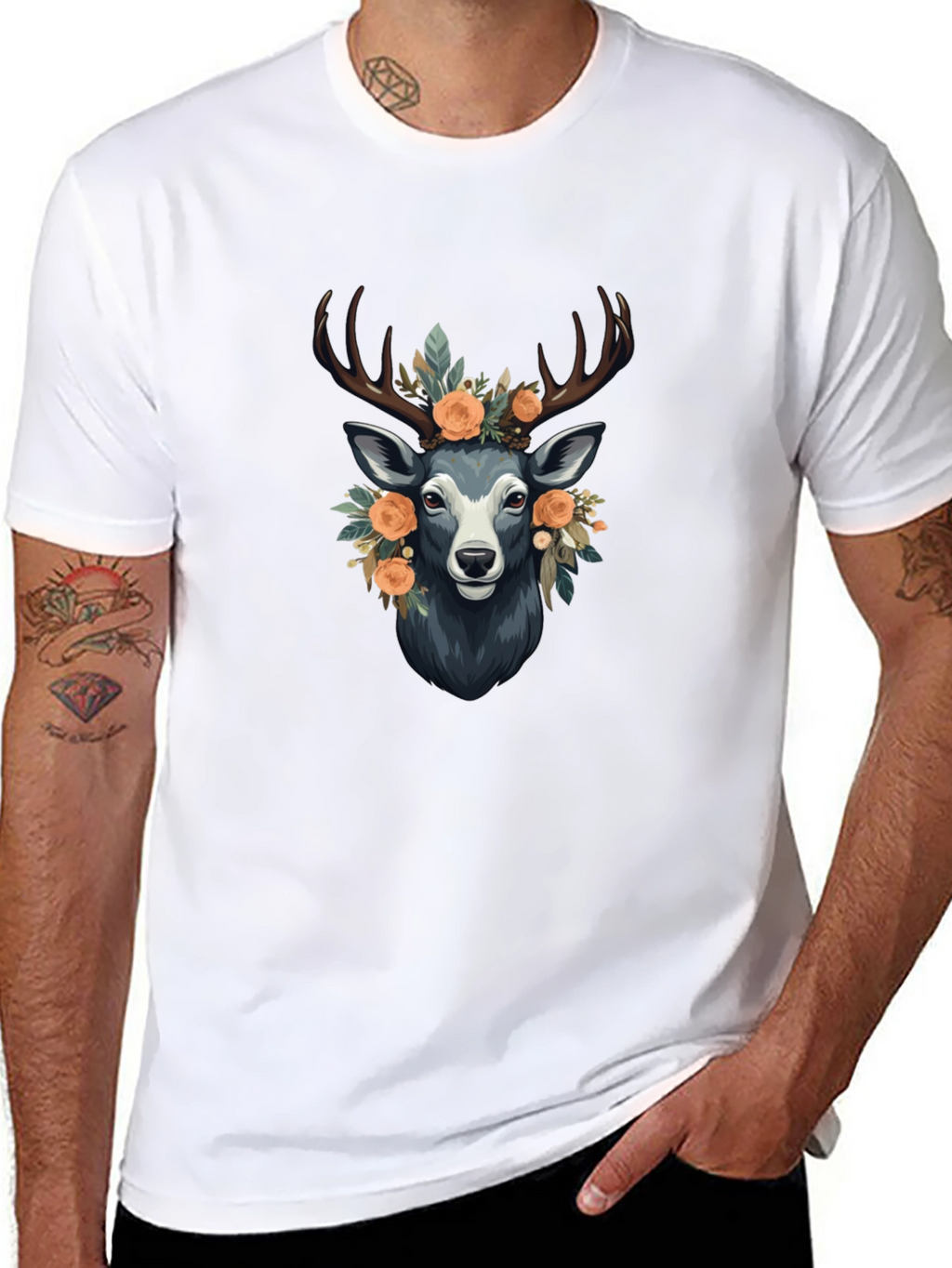 Floral Deer Graphic Tee - Mens Black T-Shirt
