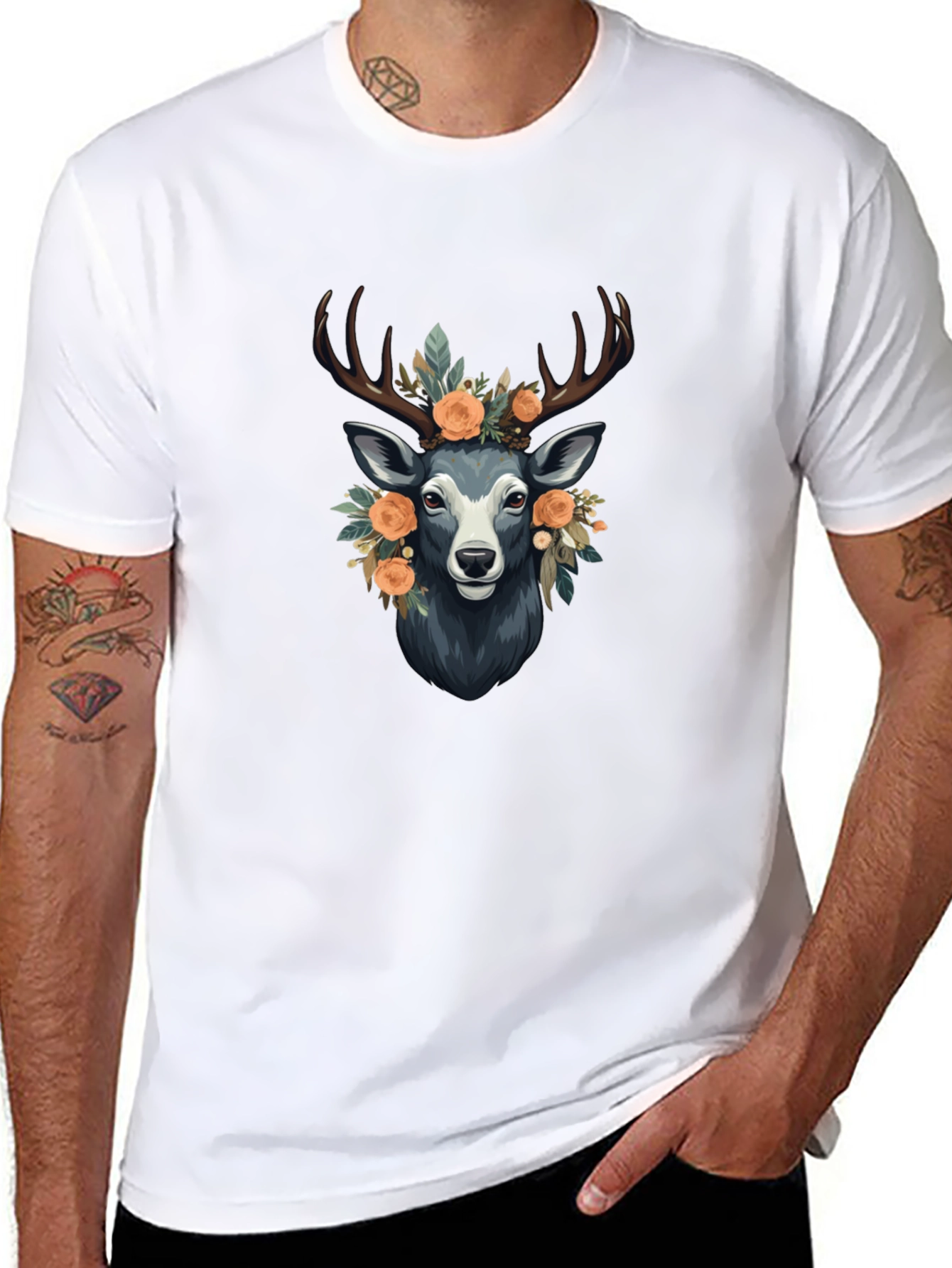 Floral Deer Graphic Tee - Mens Black T-Shirt