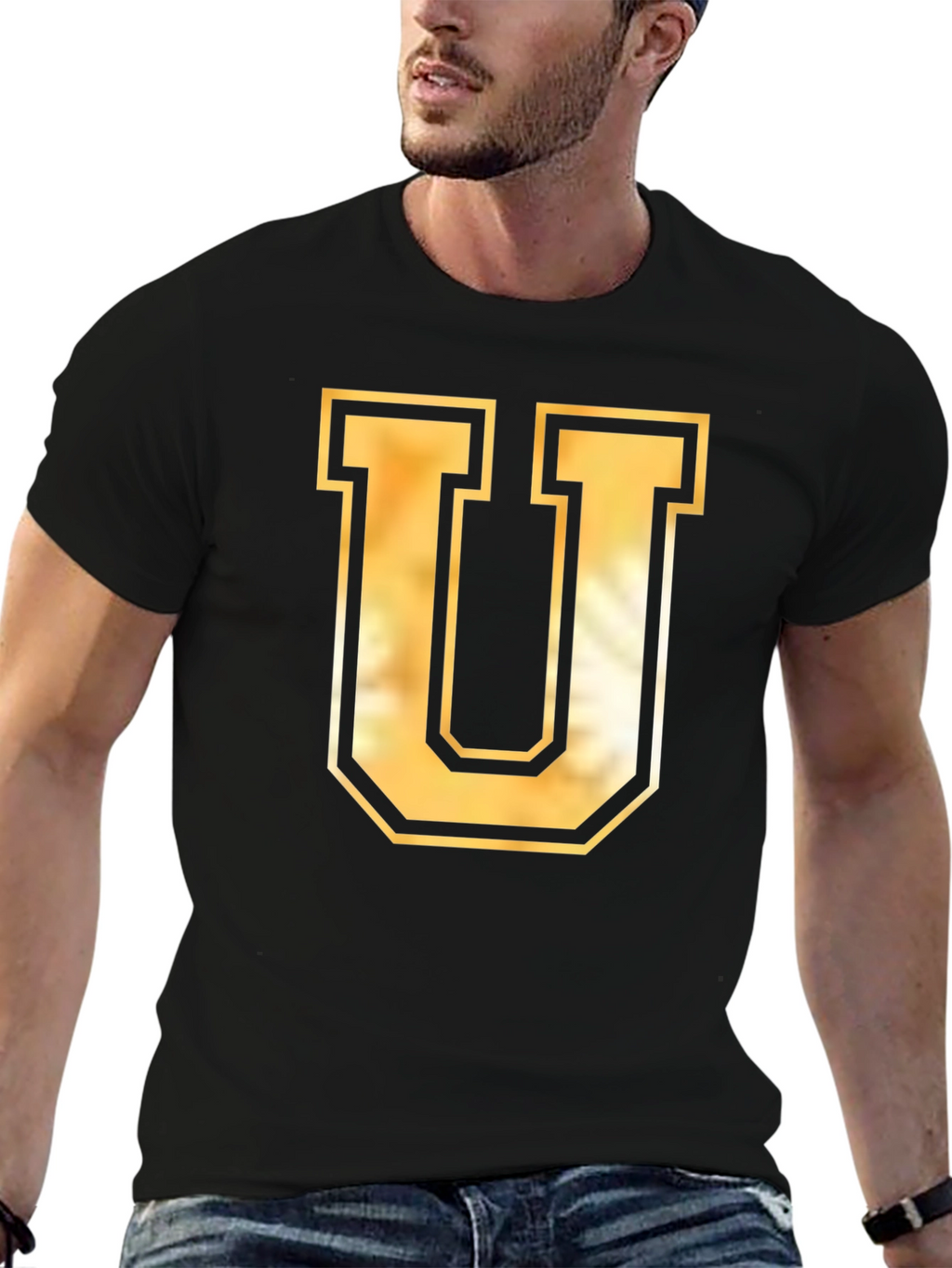 Letter U Graphic T-Shirt - Casual Black Tee