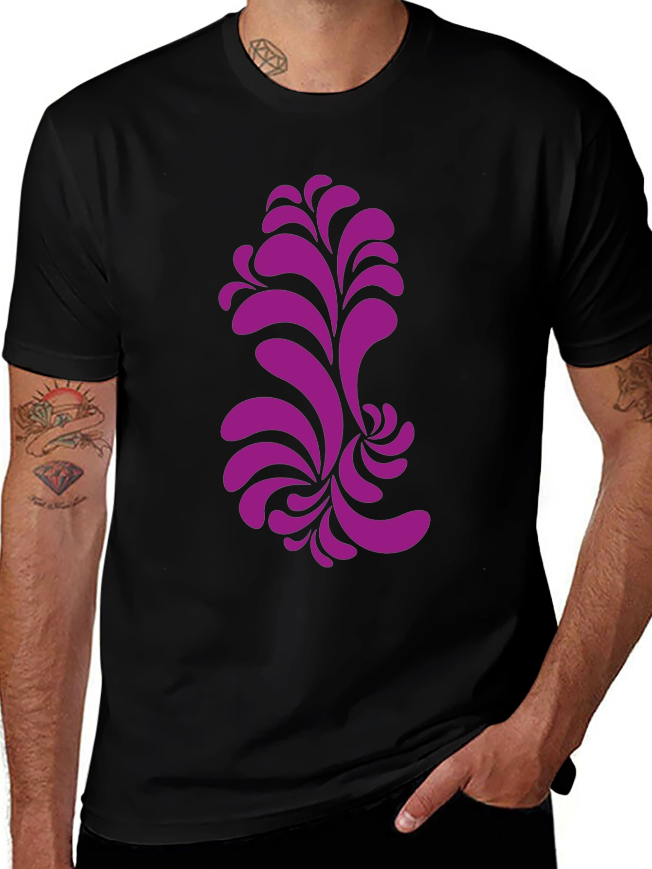Black T-Shirt with Purple Floral Design