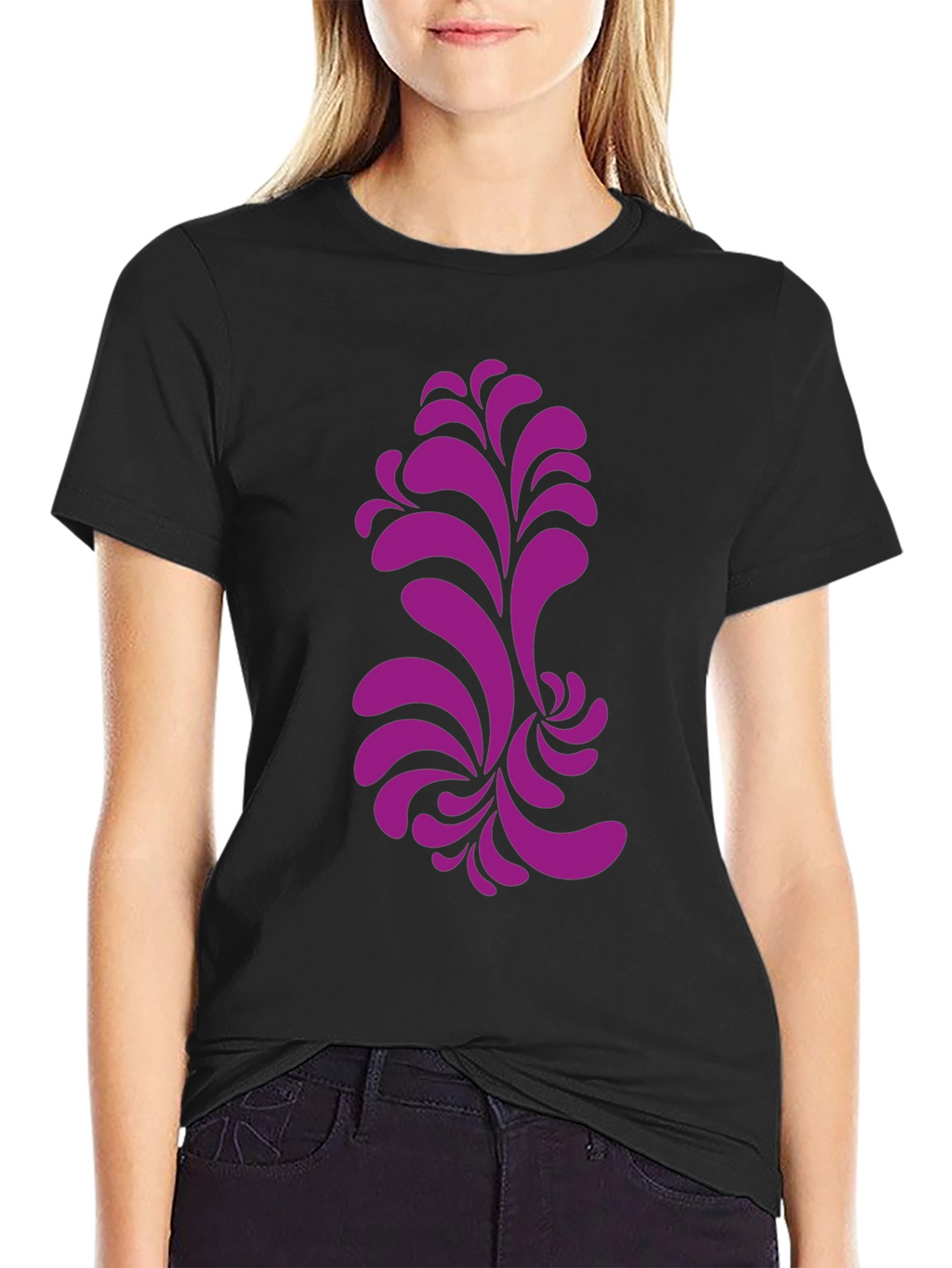 Black T-Shirt with Purple Floral Design