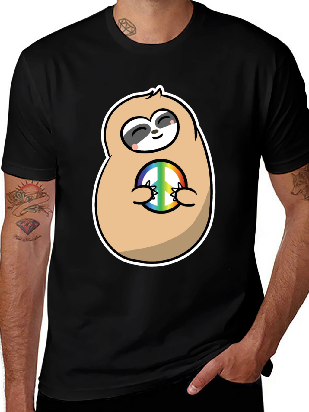 Peace Sloth Graphic Tee - Black Cotton T-Shirt