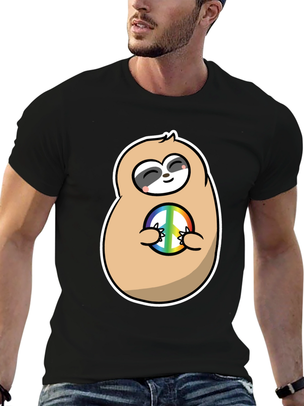 Peace Sloth Graphic Tee - Black Cotton T-Shirt