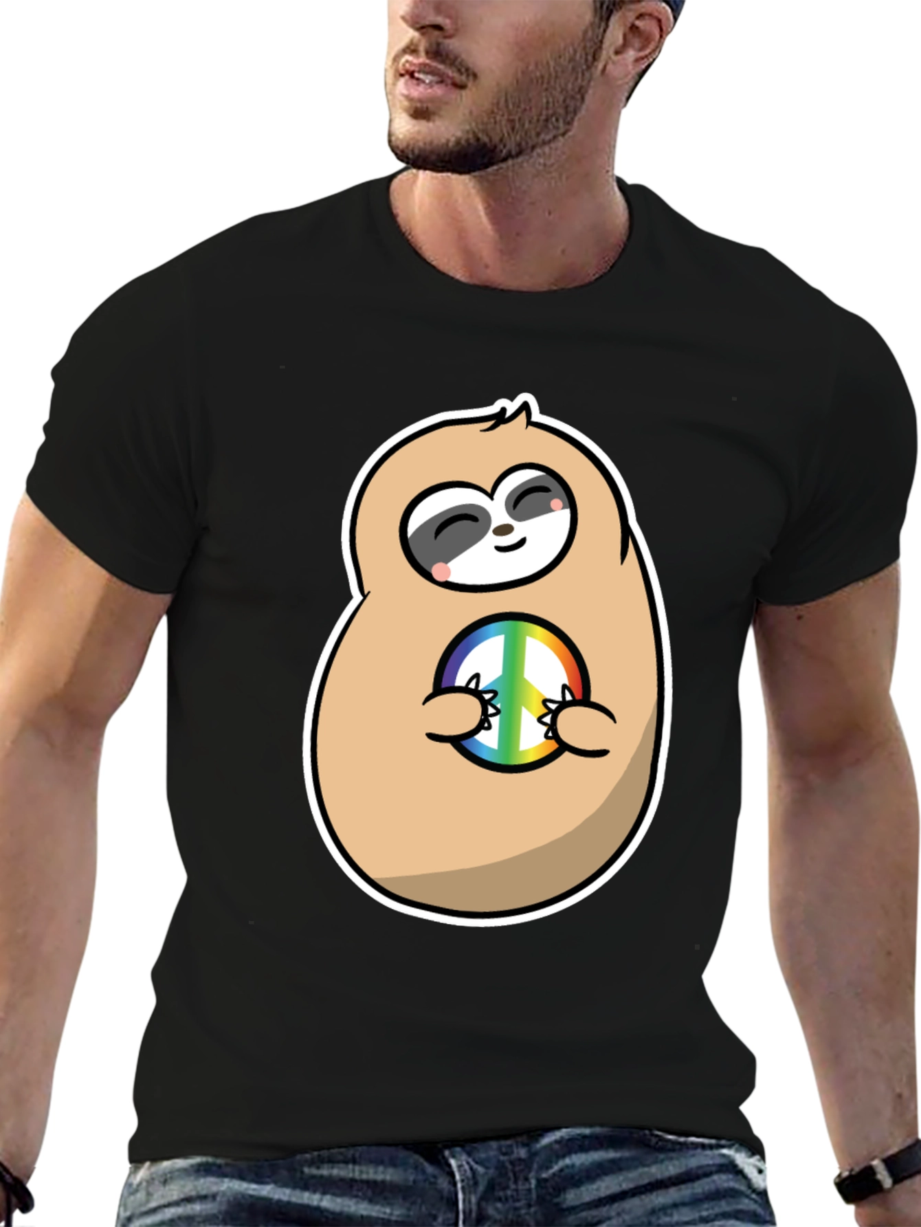 Peace Sloth Graphic Tee - Black Cotton T-Shirt