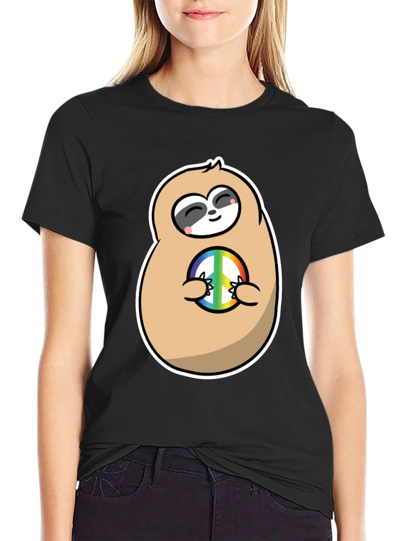 Peace Sloth Graphic Tee - Black Cotton T-Shirt