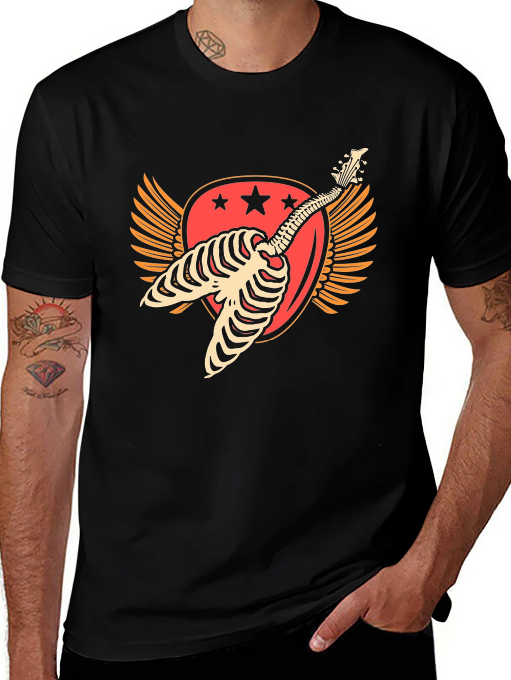 Skeleton Guitar Winged Graphic T-Shirt