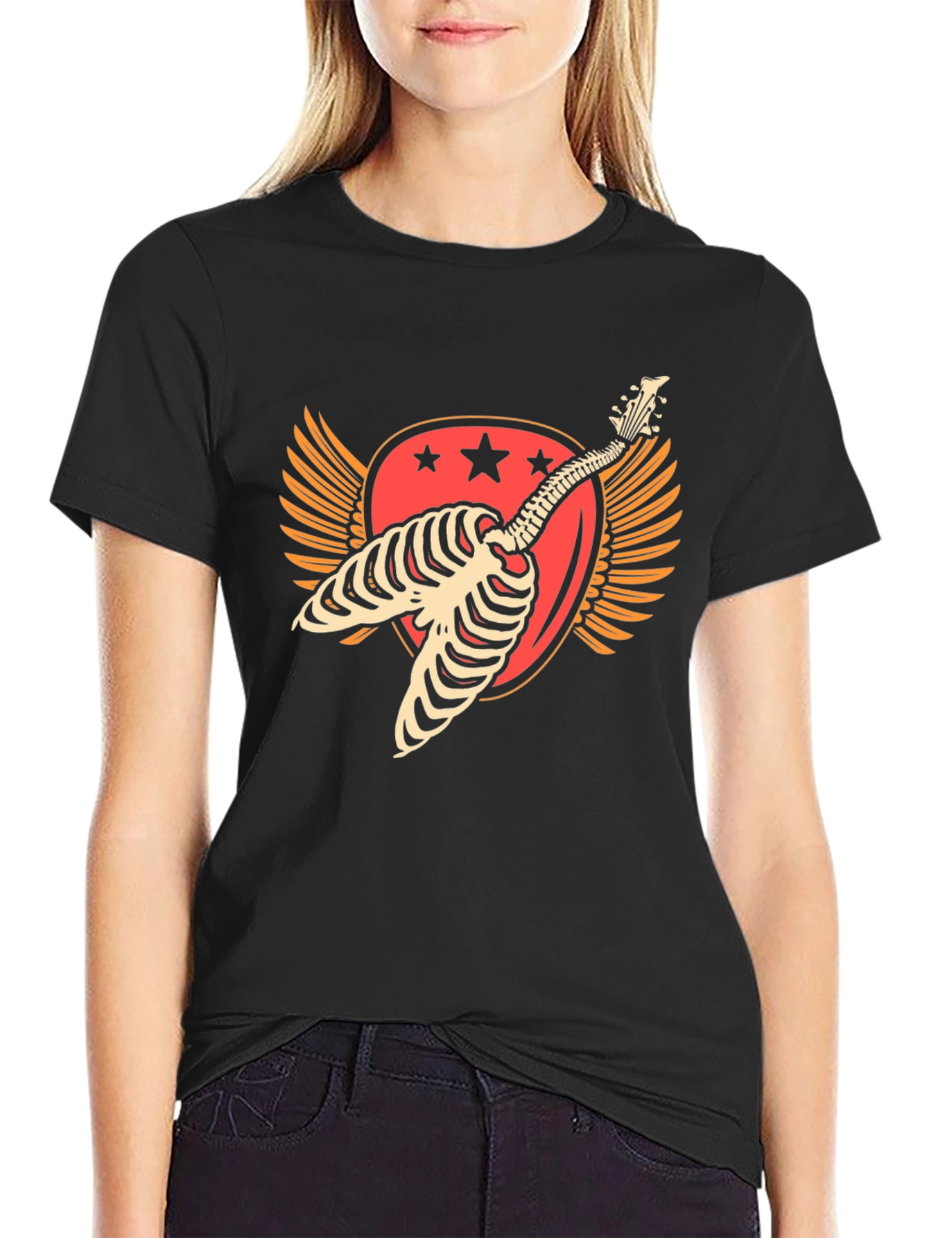 Skeleton Guitar Winged Graphic T-Shirt