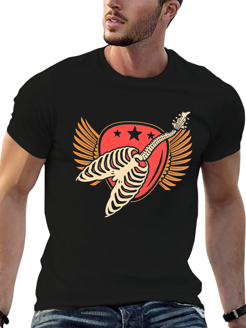 Skeleton Guitar Winged Graphic T-Shirt