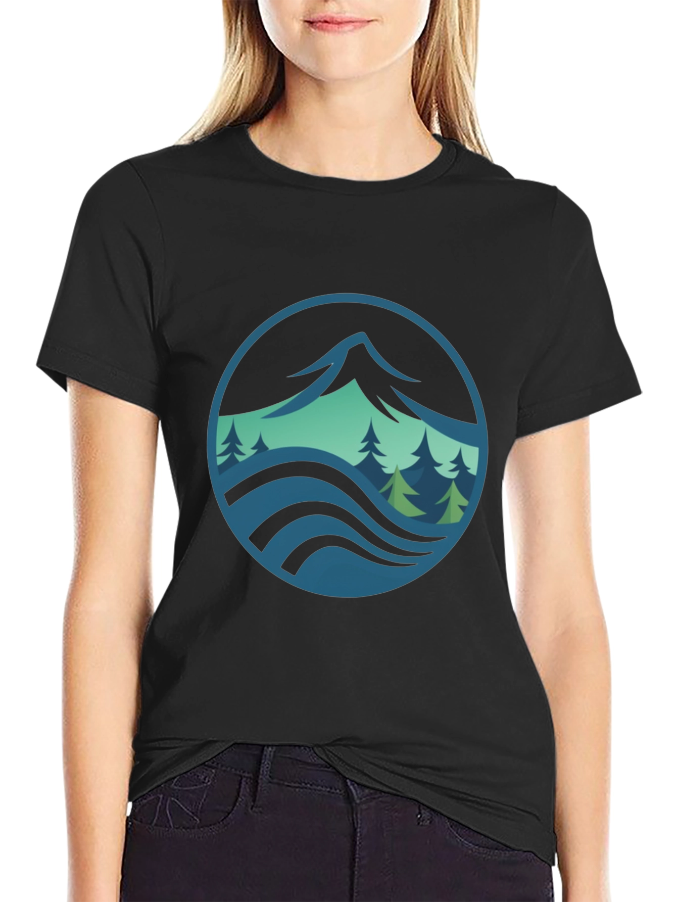 Mountain and Wave Graphic Black Tee