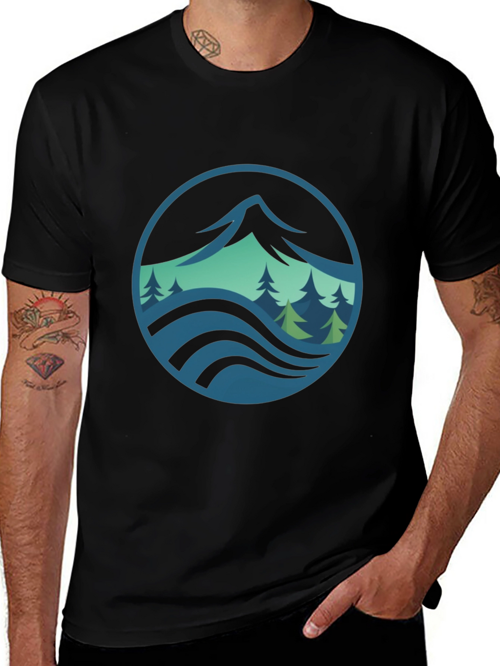 Mountain and Wave Graphic Black Tee