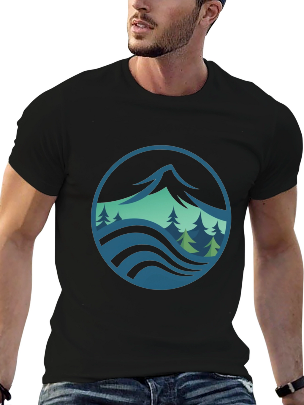 Mountain and Wave Graphic Black Tee