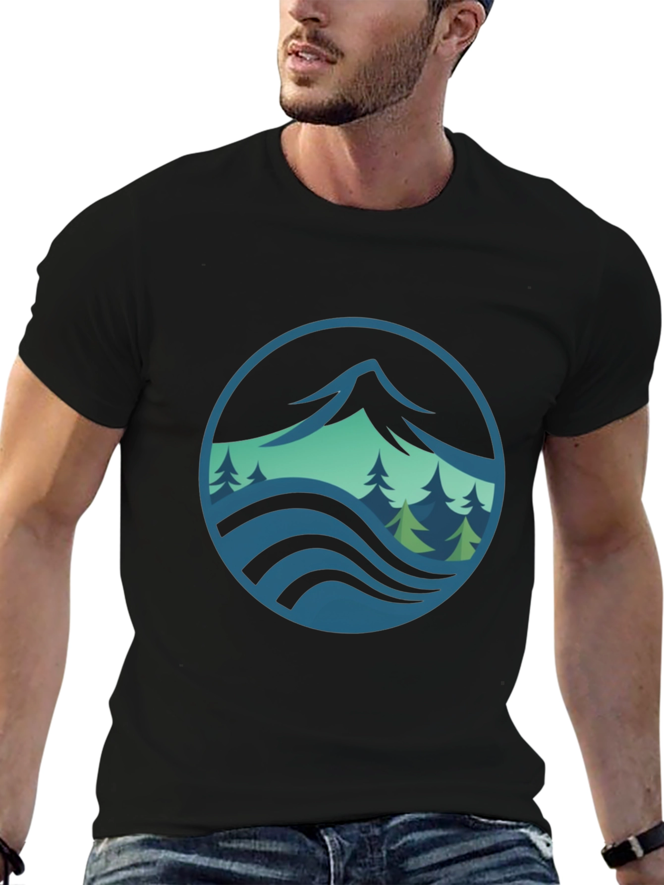 Mountain and Wave Graphic Black Tee