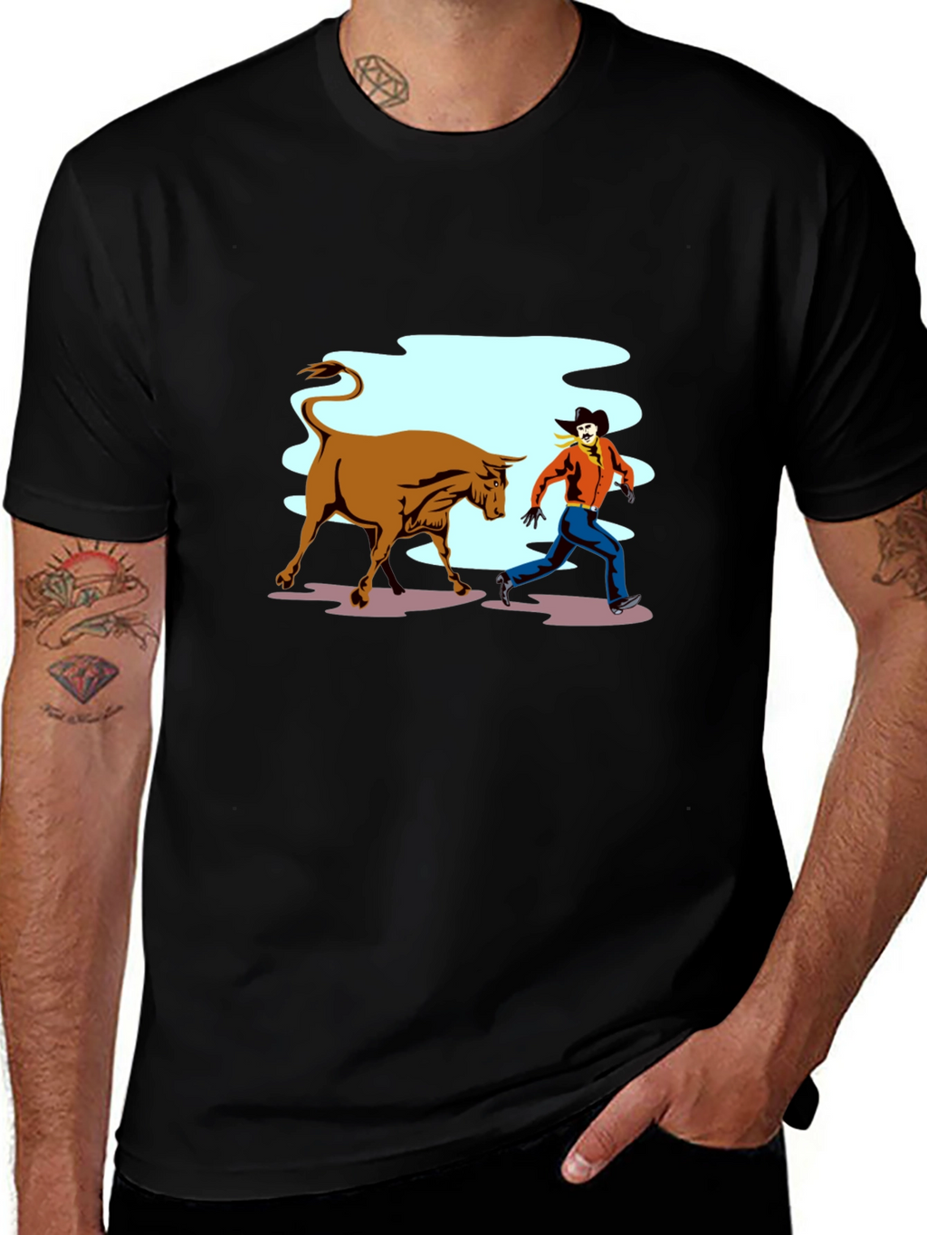 Cowboy Running From Bull Graphic T-Shirt