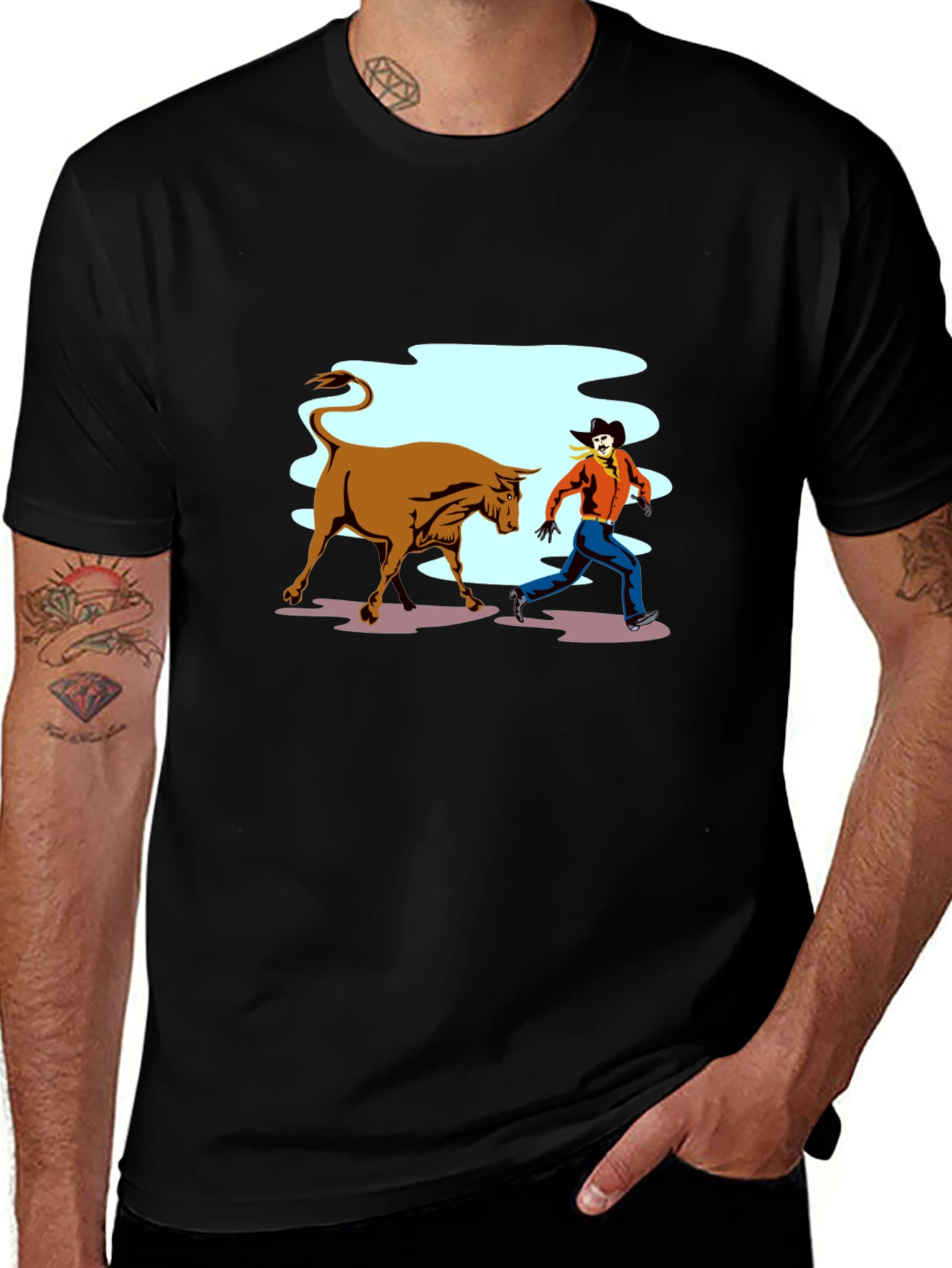 Cowboy Running From Bull Graphic T-Shirt