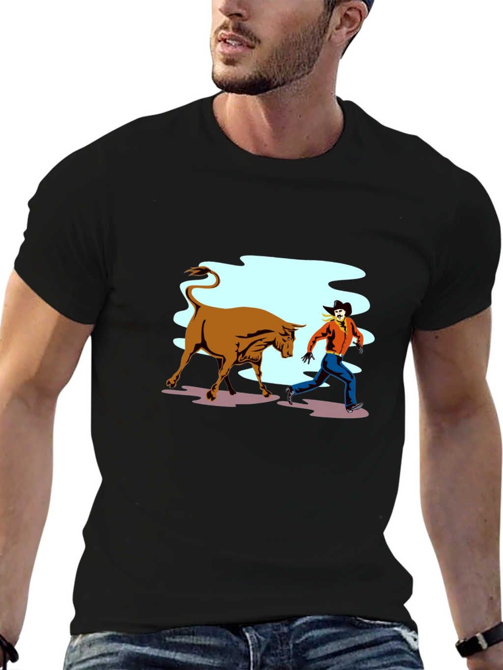 Cowboy Running From Bull Graphic T-Shirt