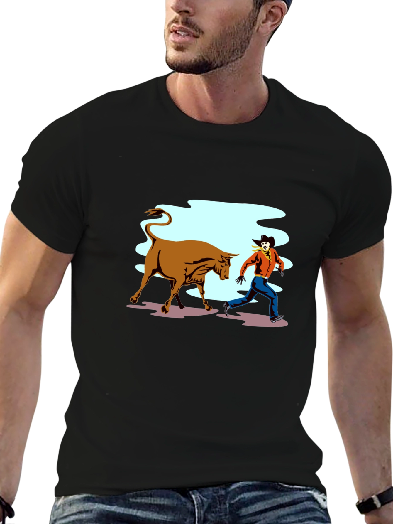 Cowboy Running From Bull Graphic T-Shirt