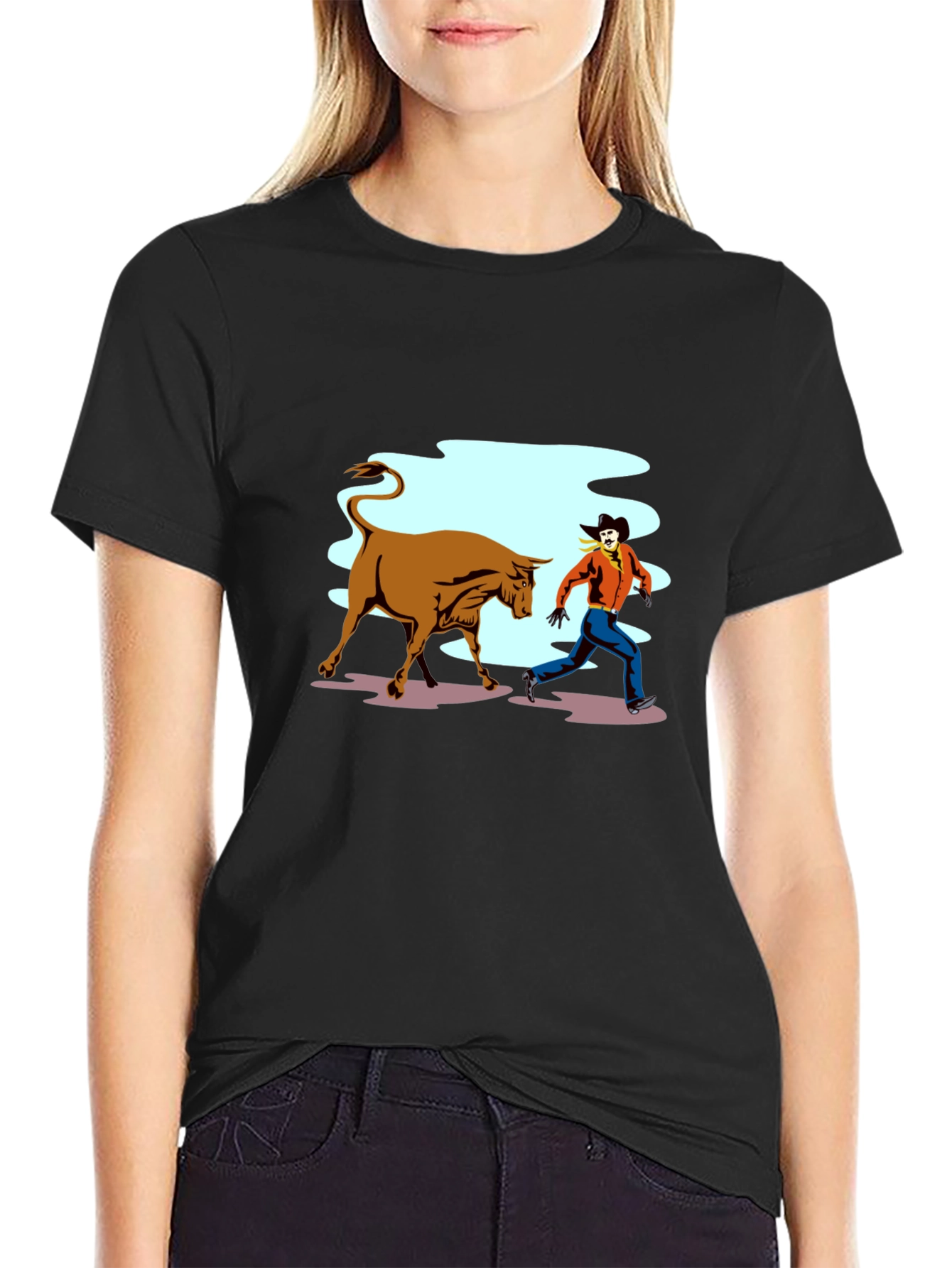 Cowboy Running From Bull Graphic T-Shirt