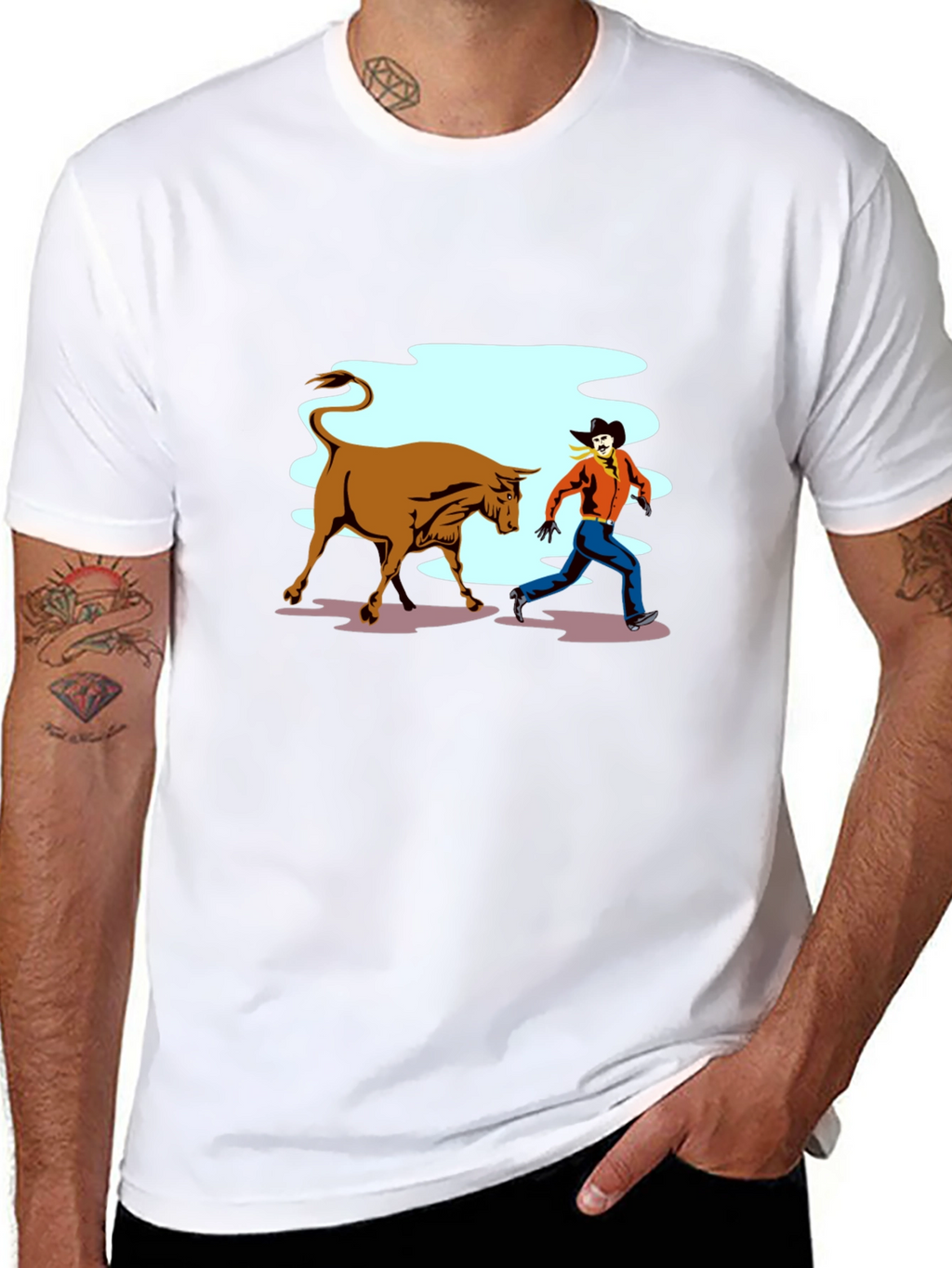 Cowboy Running From Bull Graphic T-Shirt