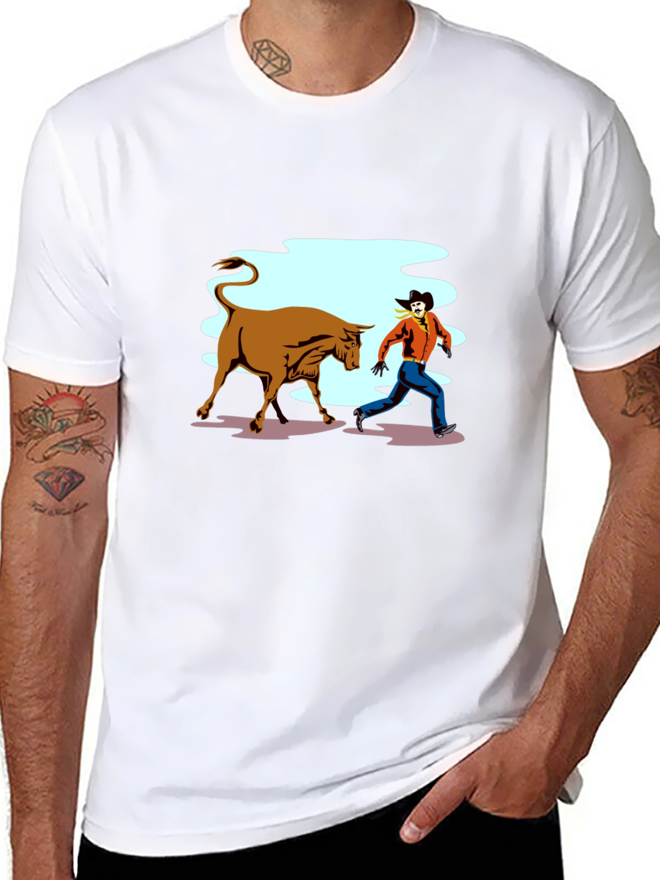 Cowboy Running From Bull Graphic T-Shirt