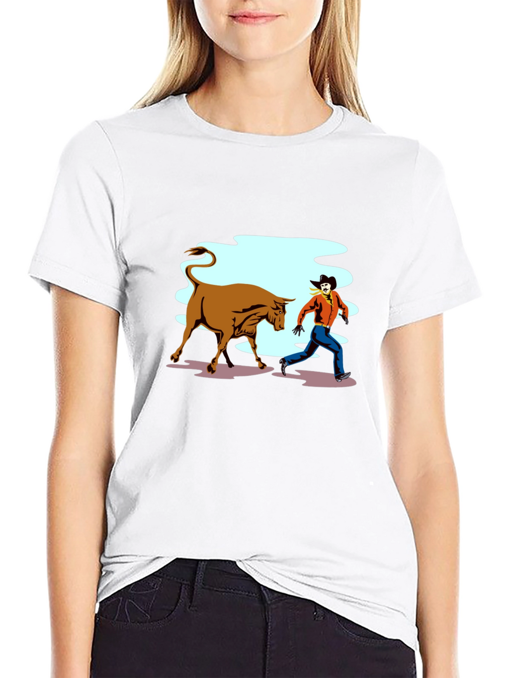 Cowboy Running From Bull Graphic T-Shirt