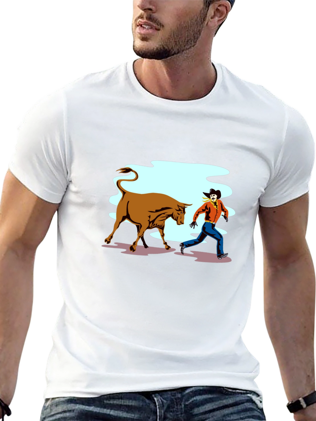 Cowboy Running From Bull Graphic T-Shirt