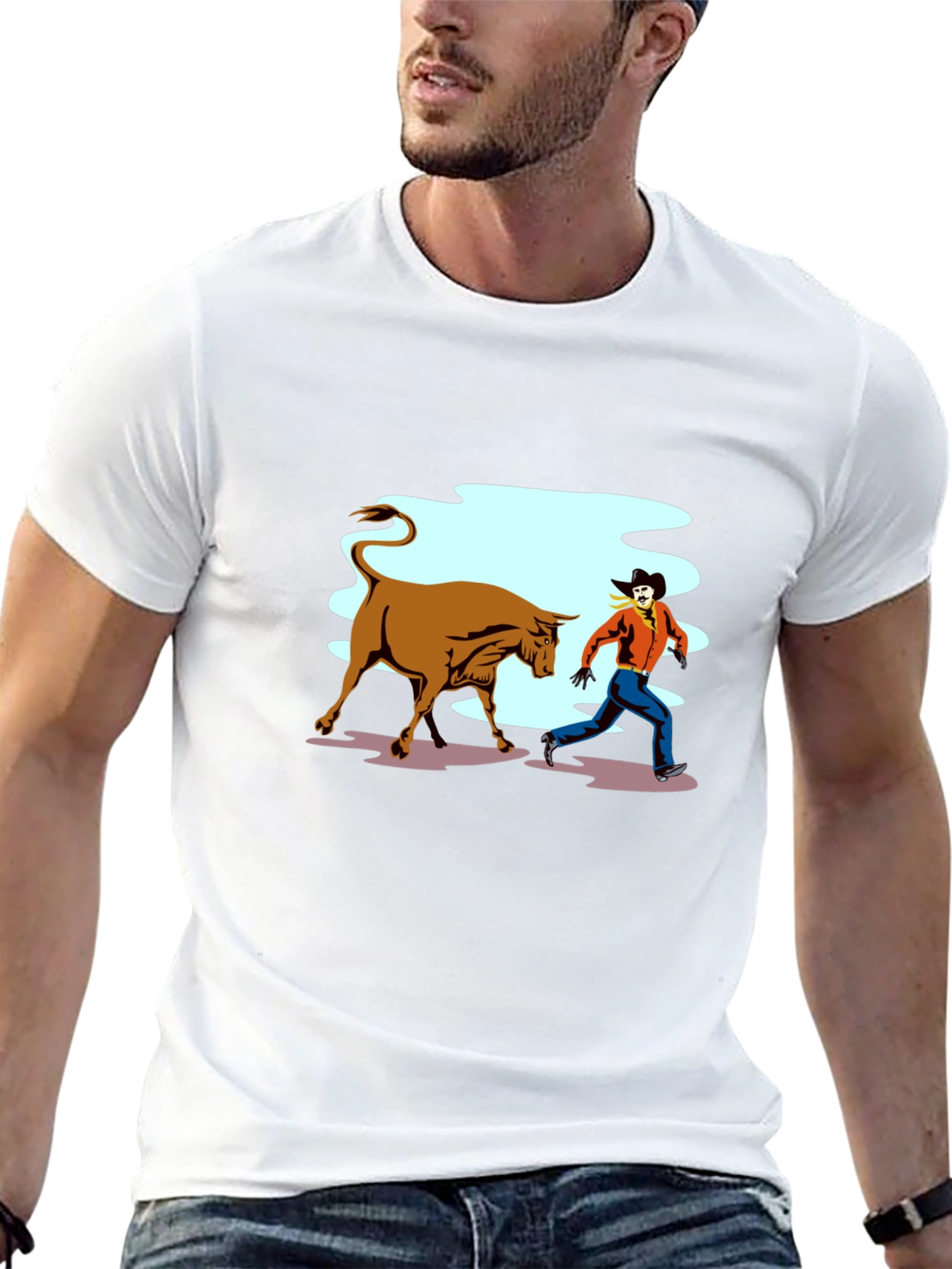 Cowboy Running From Bull Graphic T-Shirt
