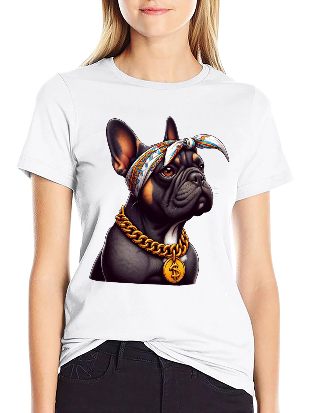 Cool Bulldog Wearing Bandana & Gold Chain T-Shirt