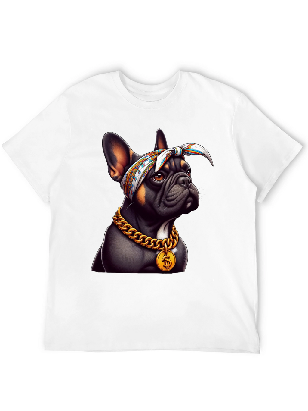 Cool Bulldog Wearing Bandana & Gold Chain T-Shirt