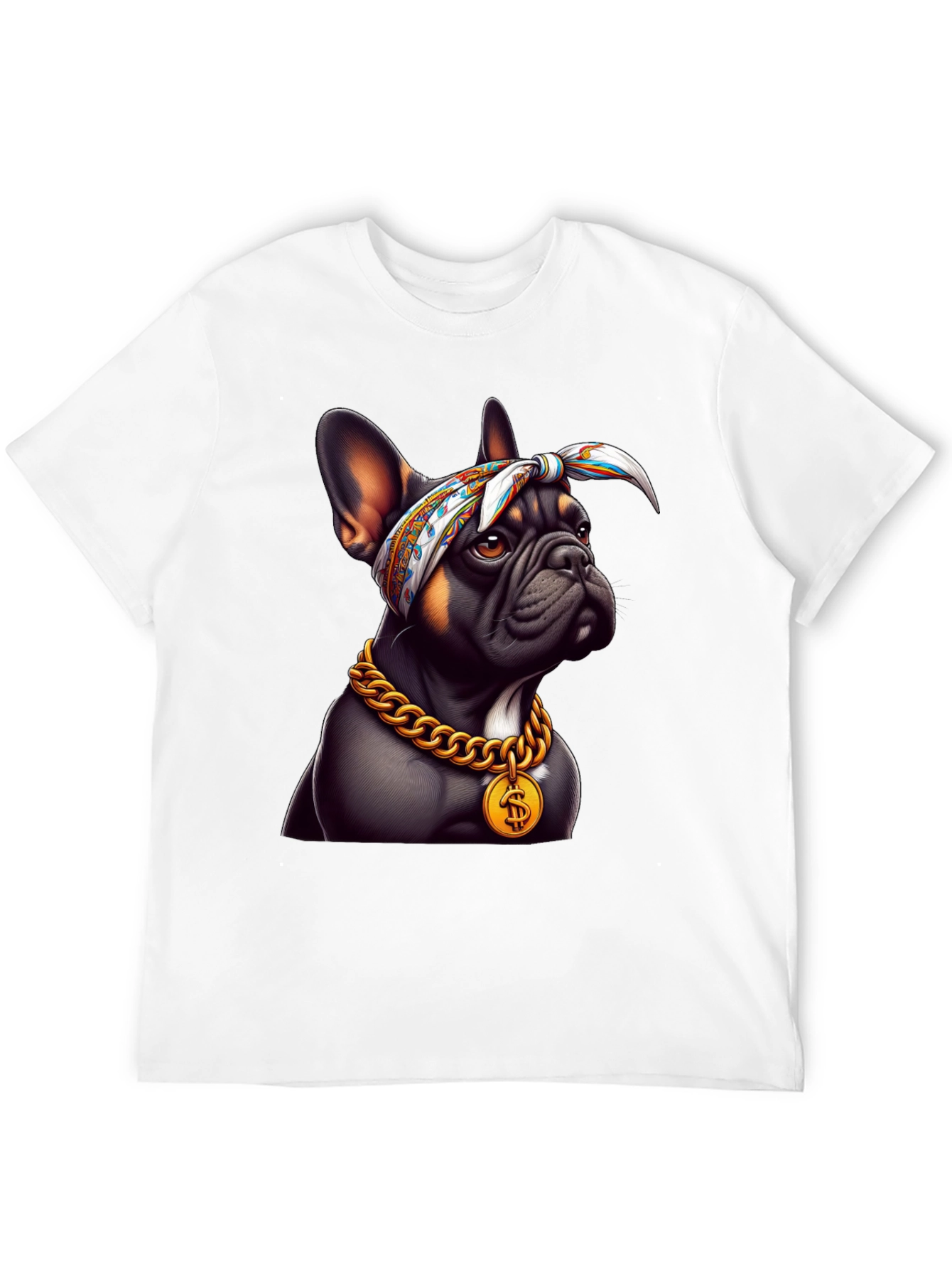 Cool Bulldog Wearing Bandana & Gold Chain T-Shirt