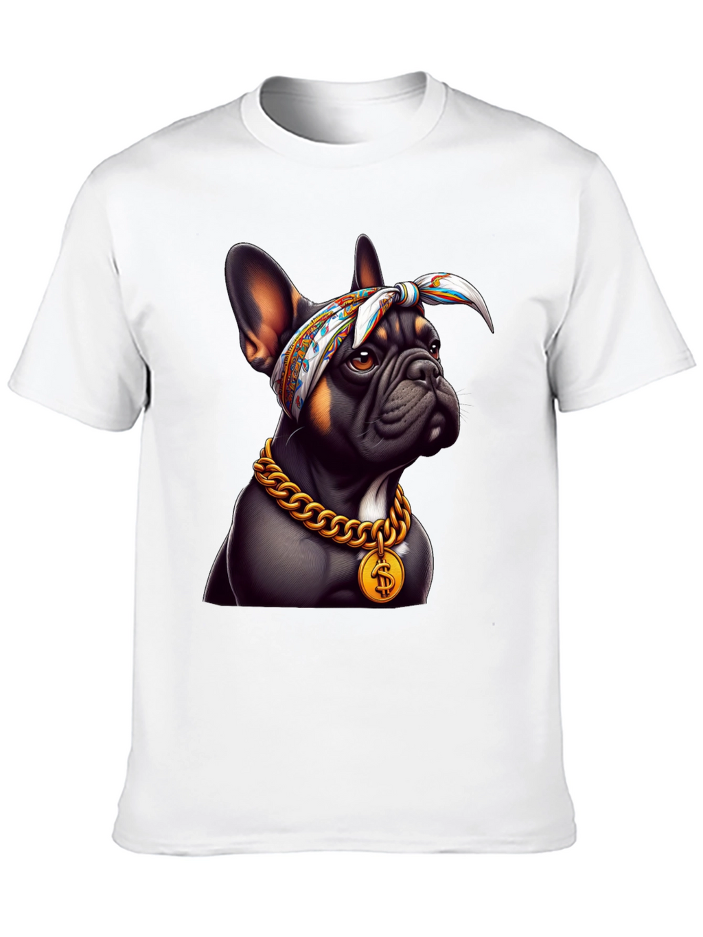 Cool Bulldog Wearing Bandana & Gold Chain T-Shirt
