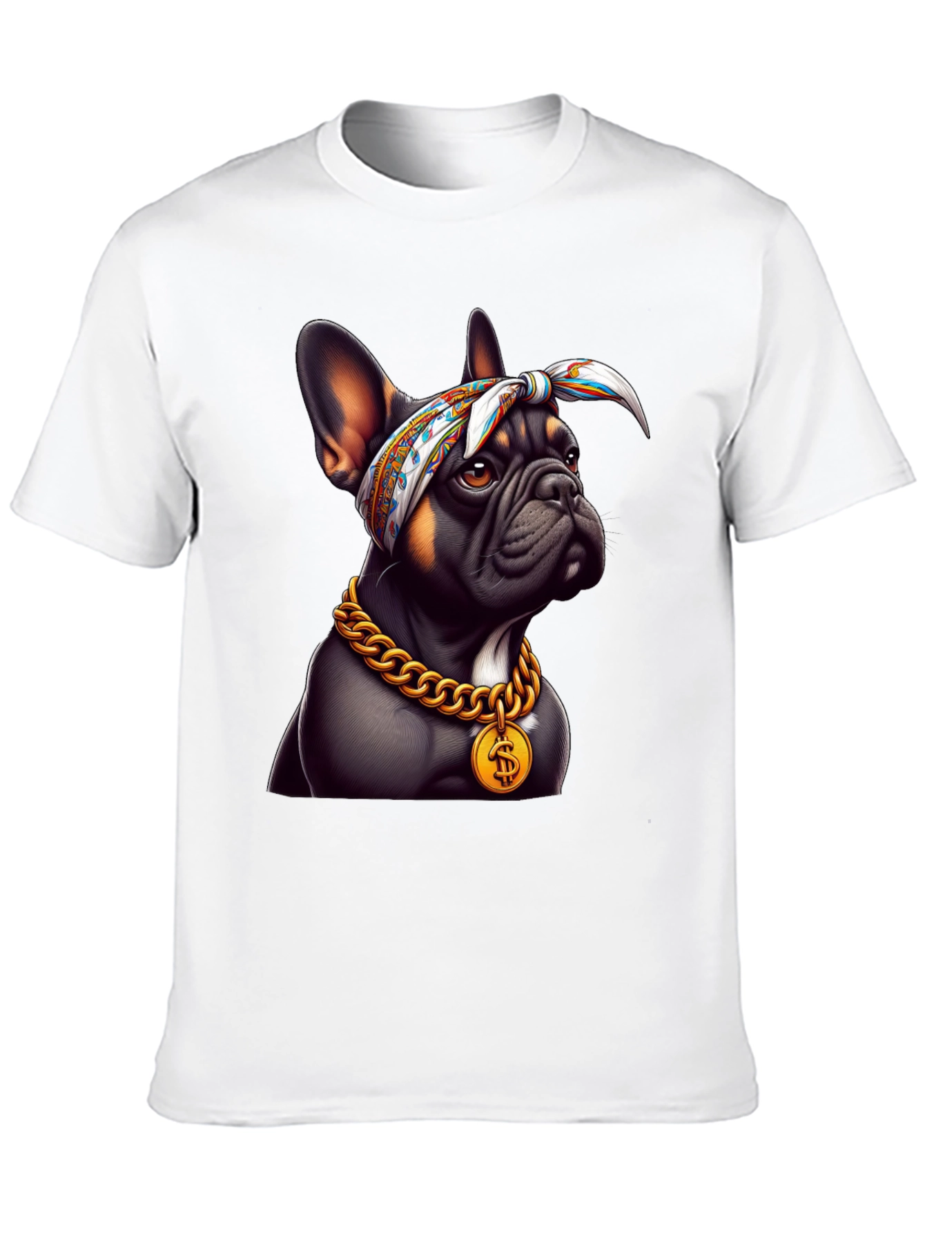 Cool Bulldog Wearing Bandana & Gold Chain T-Shirt