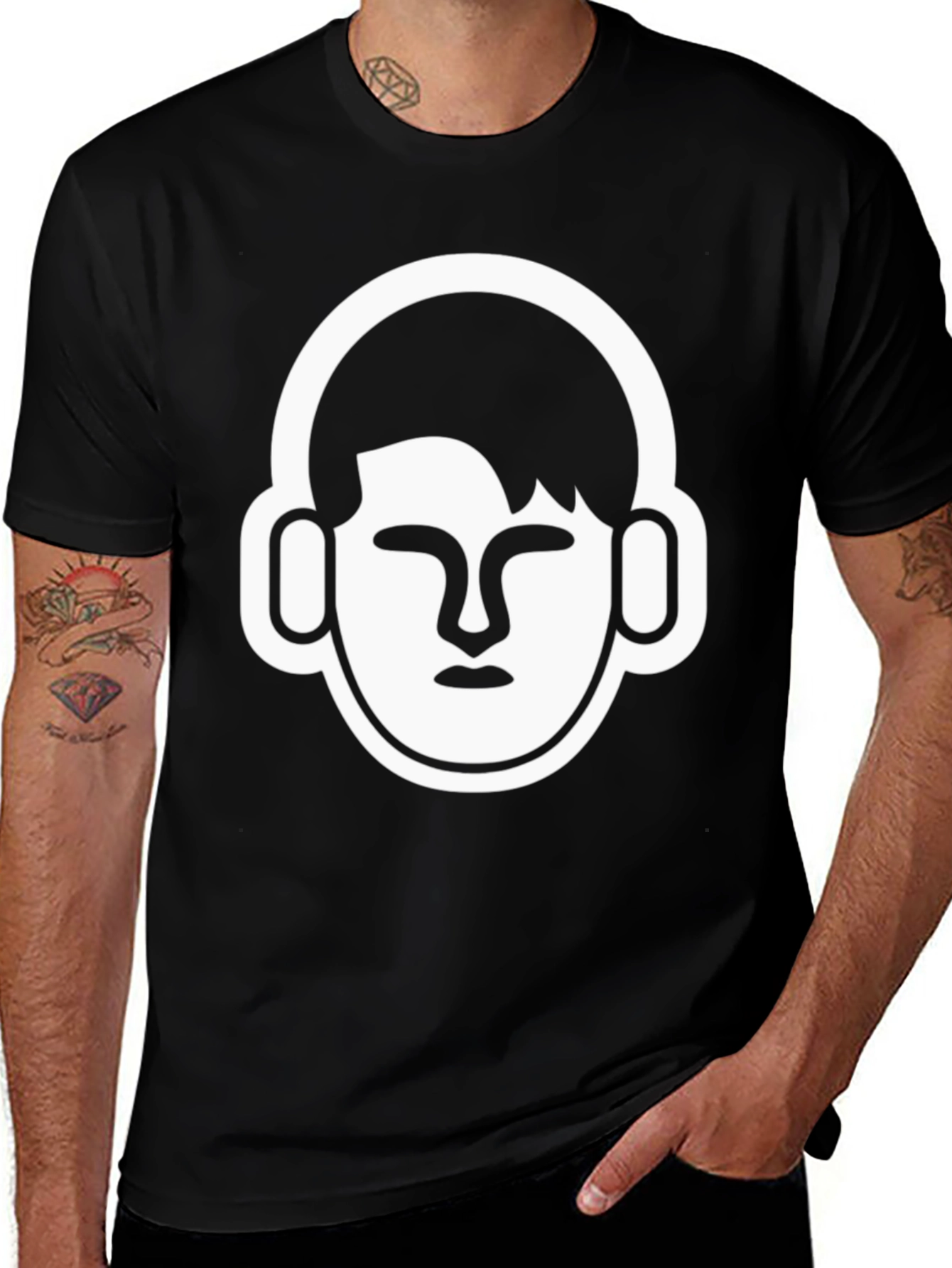 Black T-Shirt with Minimalist Headphone Graphic