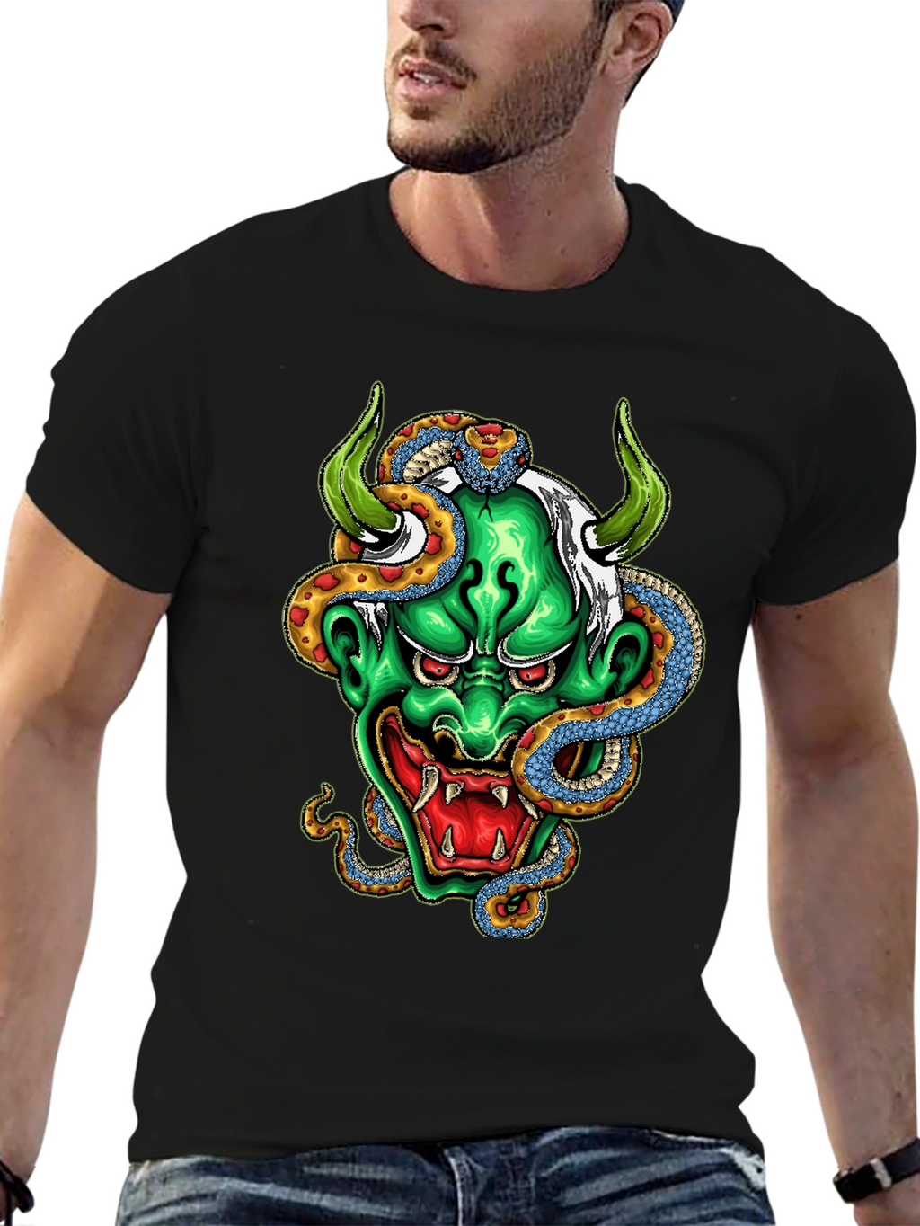 Mens Graphic Tee - Oni Mask & Snake