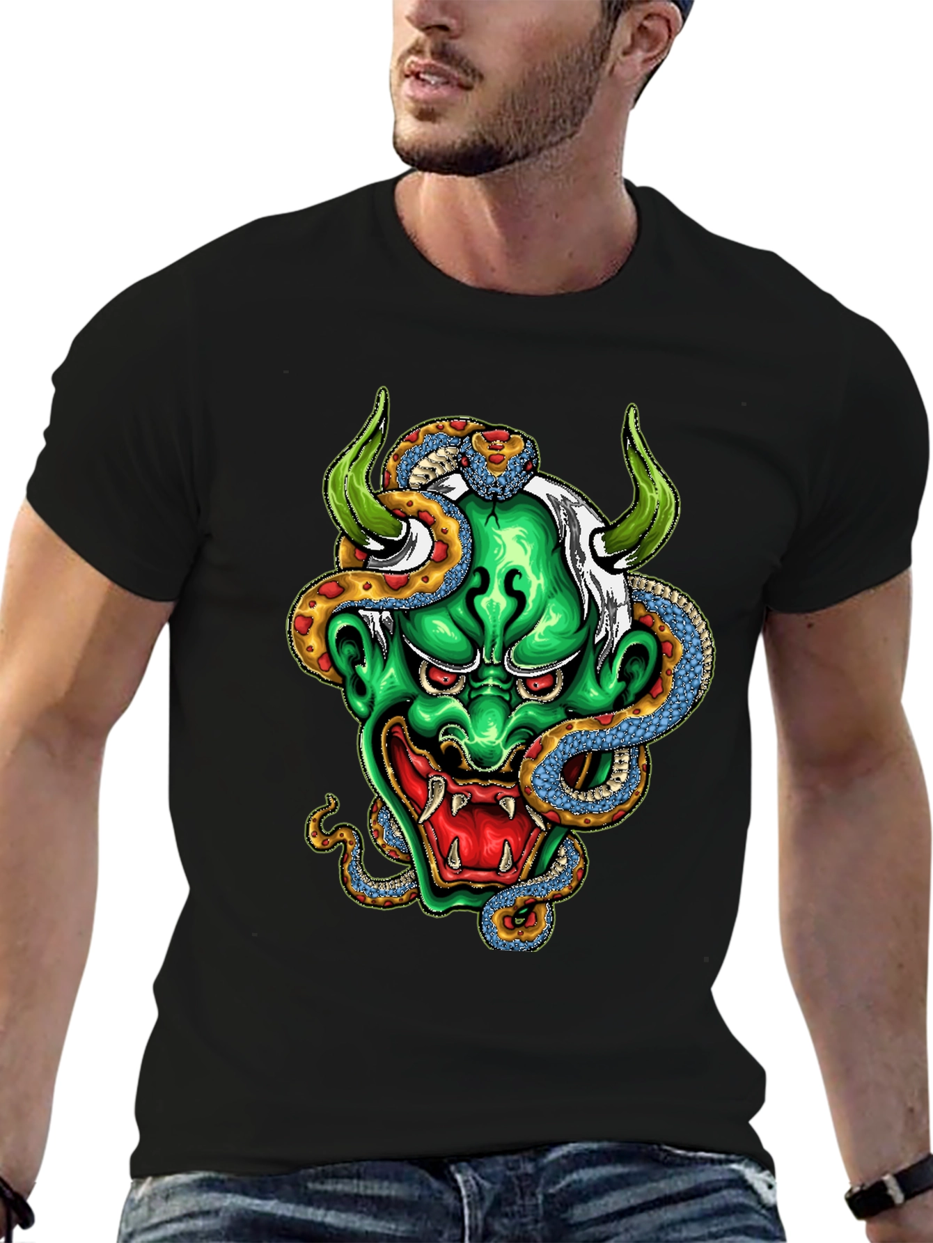Mens Graphic Tee - Oni Mask & Snake