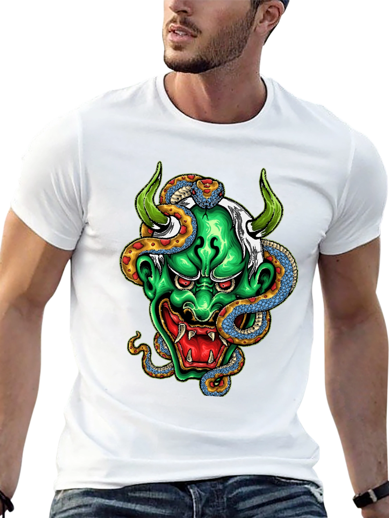 Mens Graphic Tee - Oni Mask & Snake