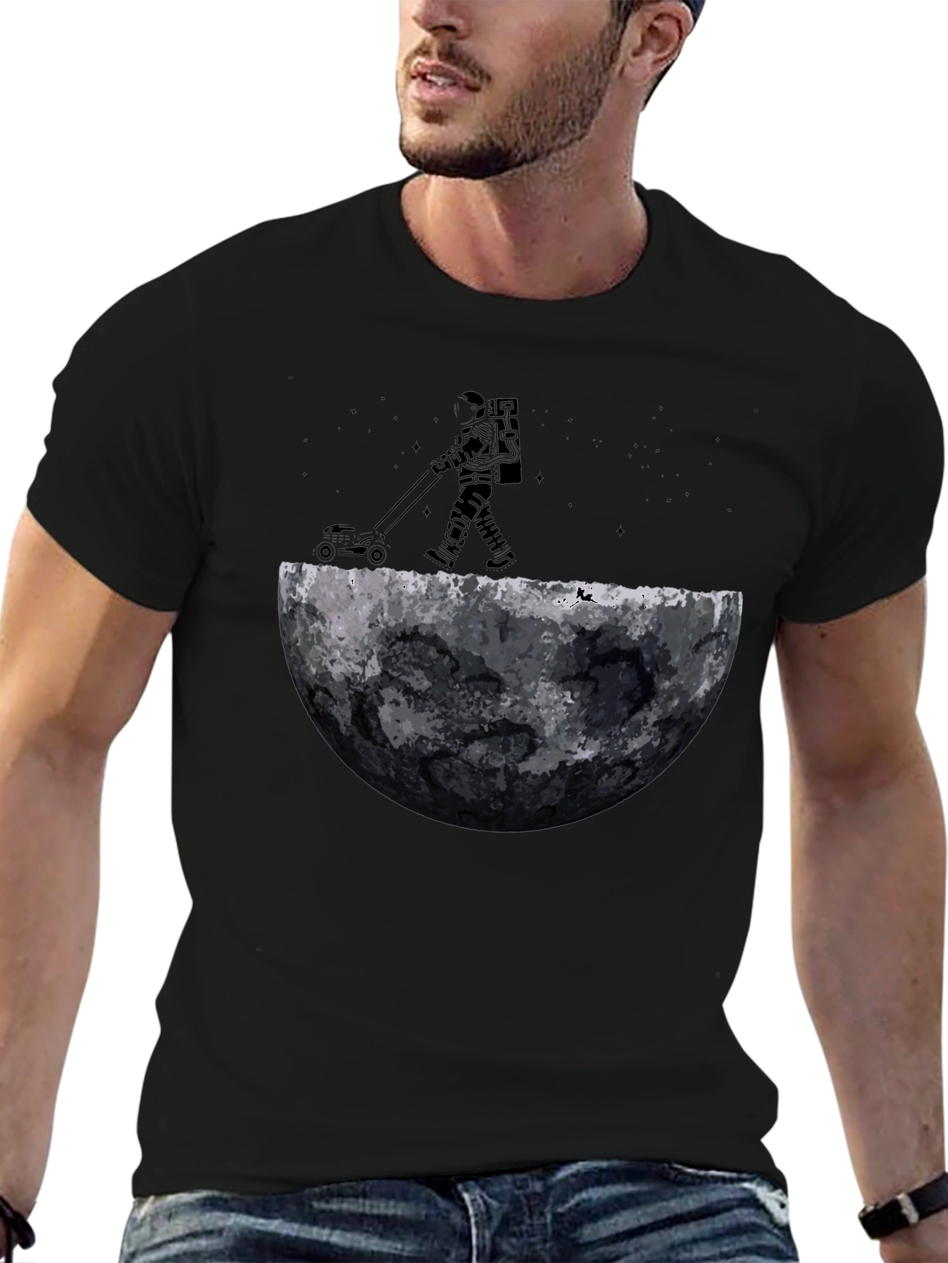 Astronaut Moon Mowing Black T-Shirt