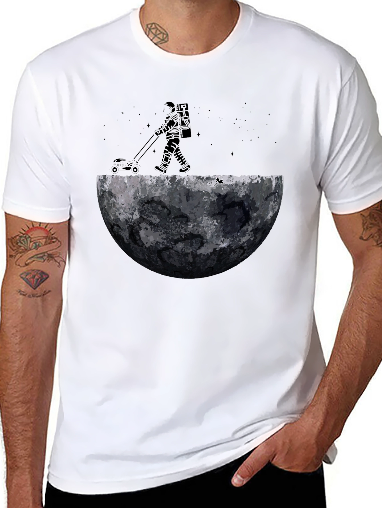 Astronaut Moon Mowing Black T-Shirt