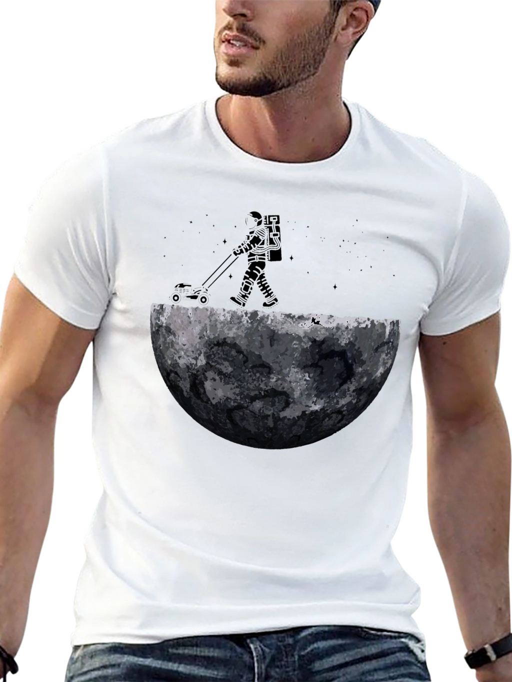 Astronaut Moon Mowing Black T-Shirt