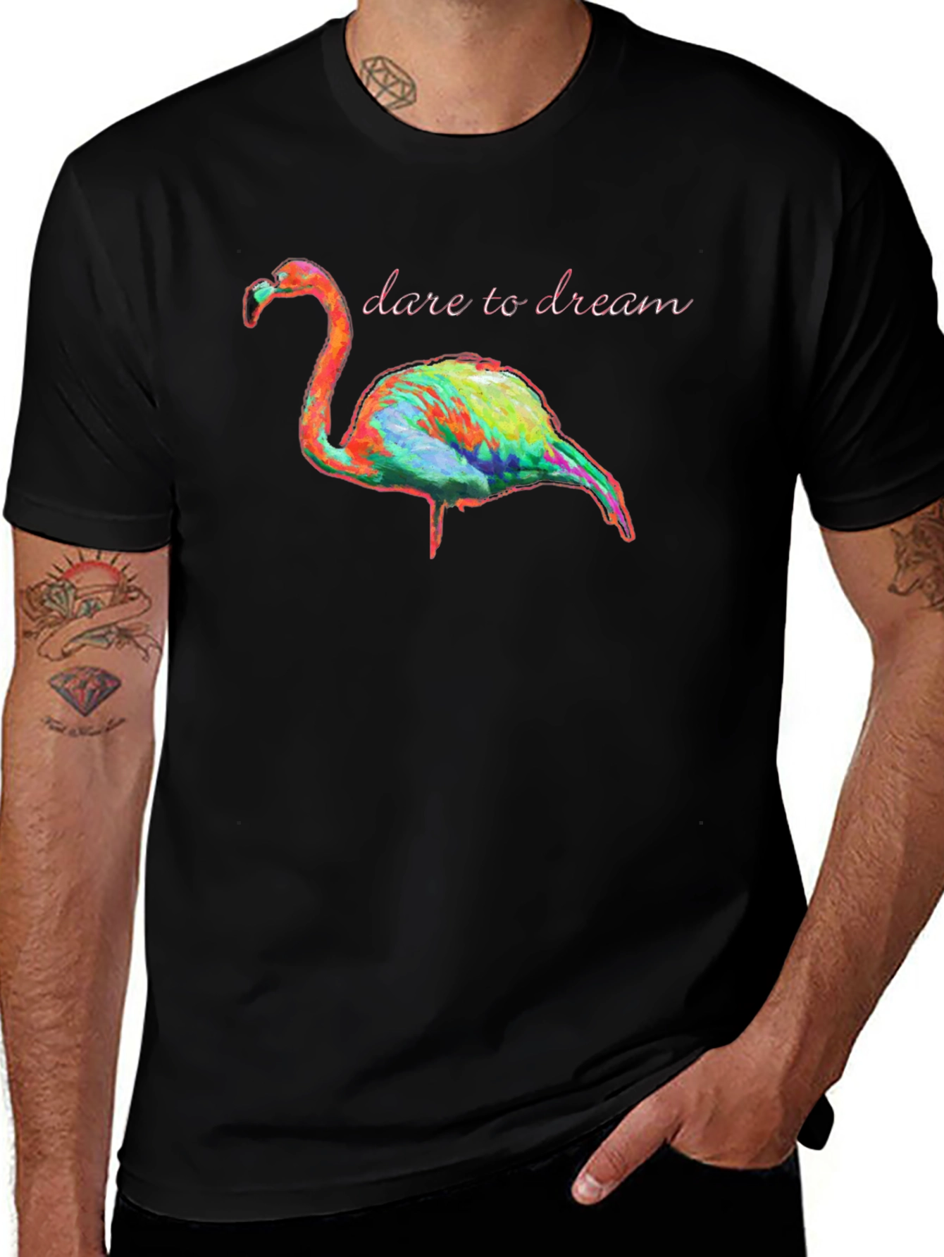 Dare to Dream Flamingo Graphic Tee - Black Cotton T-Shirt